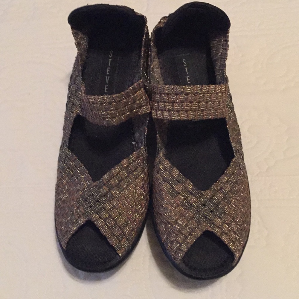 Goldtone mesh sandals.